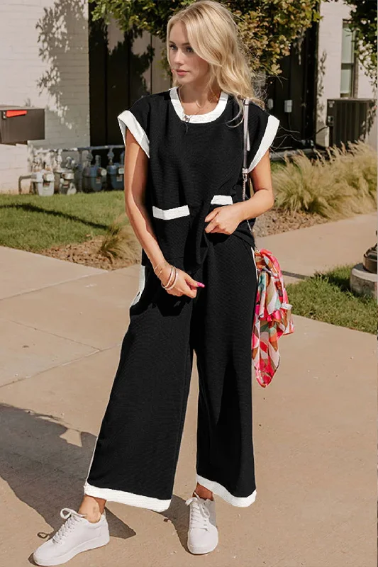 Oh Texture Contrast Trim Round Neck Cap Sleeve Top and Pants Set Casual Skinny Fit Pants