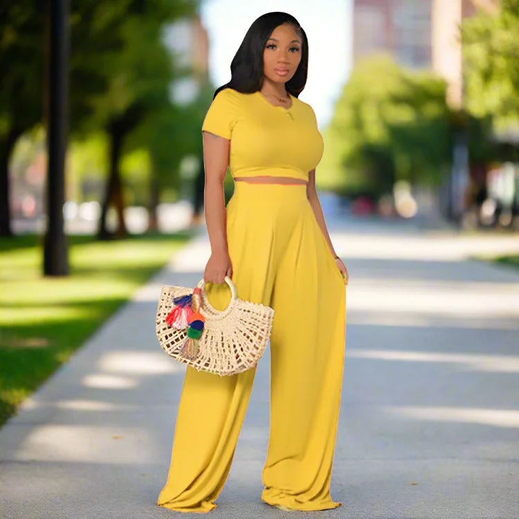 Women's Casual Wide Leg Pants and Short Sleeve Top Two-piece Outfit Set Soft Stretch Pants