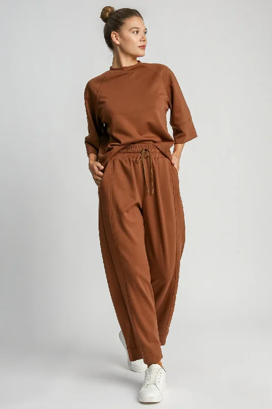 Umgee Full Size Drawstring Wide Leg Pants with Pockets In Rust Trendy Wide-Leg Pants