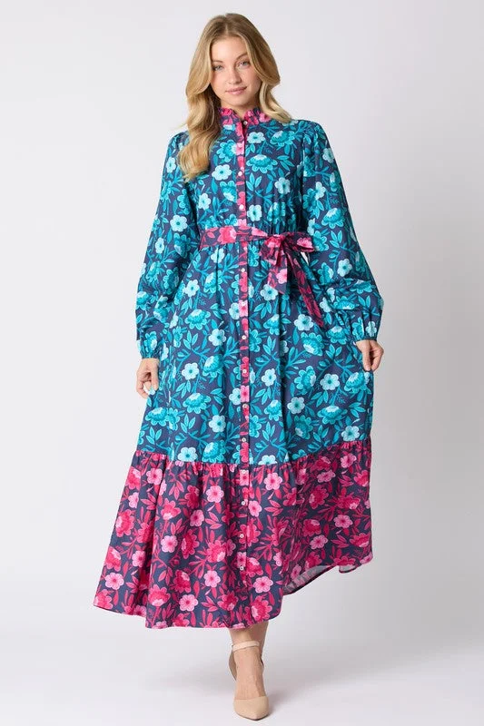 Floral Printed Mixed Tie Waist Maxi Dress Comfortable Long-Sleeve Maxi Dress