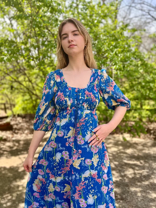 70s Blue Pink Floral Vintage Maxi Dress, Jody T of California Elegant Boho Maxi Dress