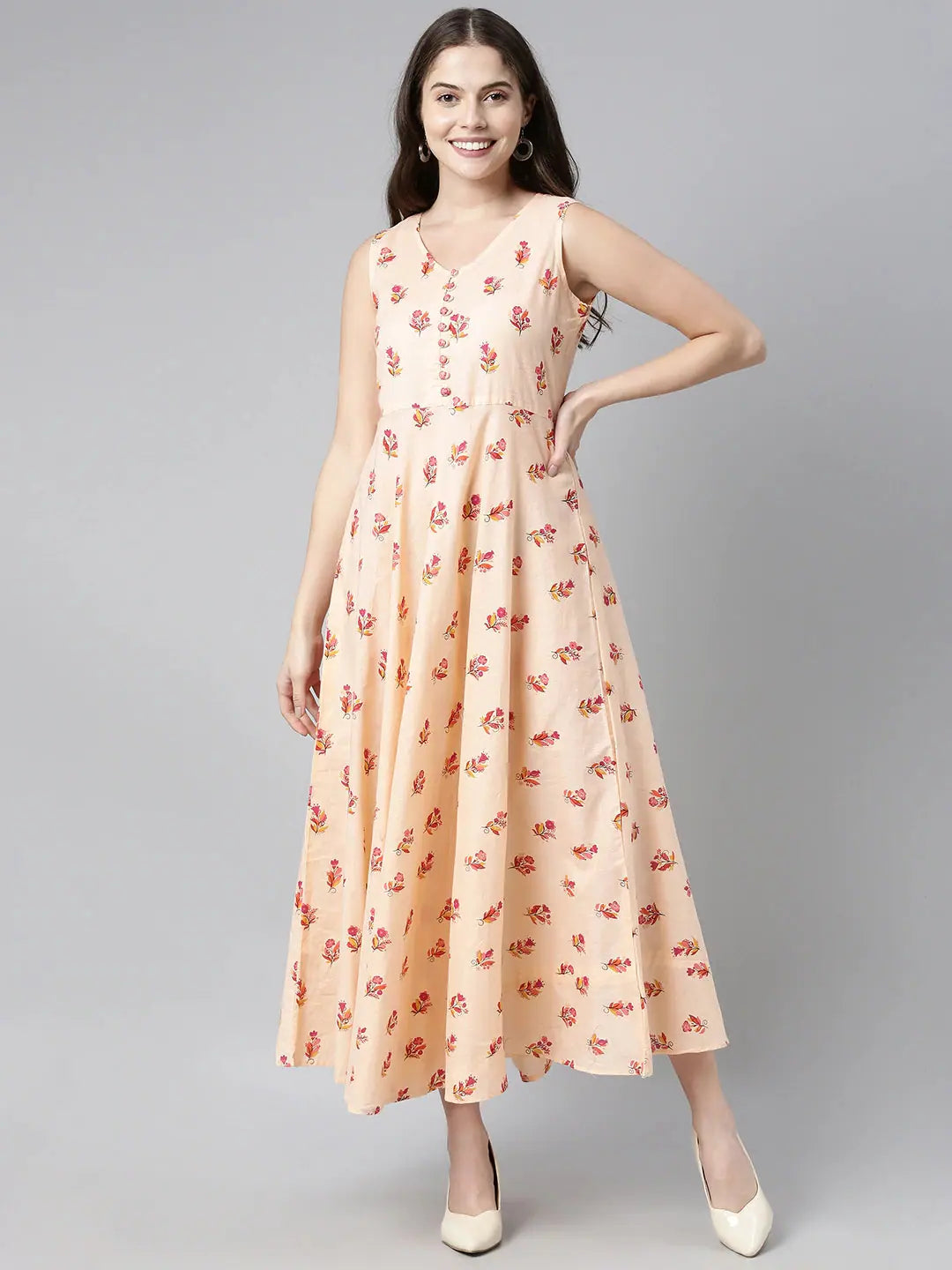 Ahika Women Peach Floral Printed Maxi Dress Stylish Longline Maxi Dress
