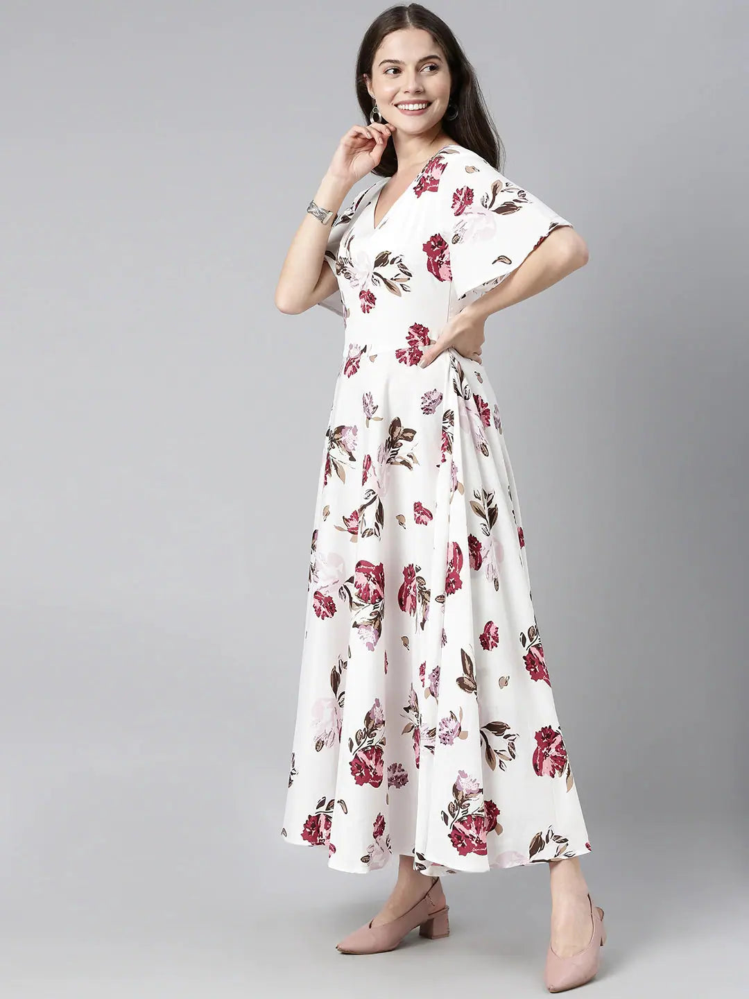 Ahika Women Polycrepe White Pink Floral Printed Flared Sleeve Maxi Dress With Gathers Elegant Lace-Up Maxi Dress Ahika Women Polycrepe White Pink Floral Printed Flared Sleeve Maxi Dress With Gathers Elegant Lace-Up Maxi Dress