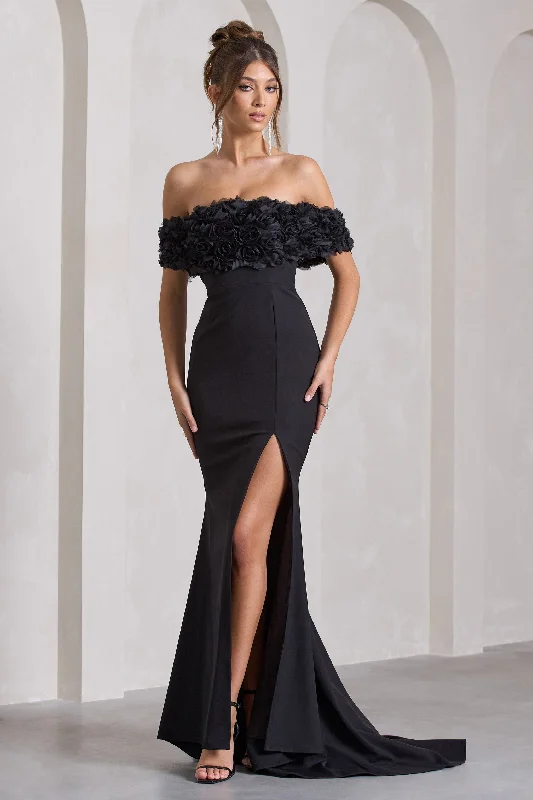 Amanza | Black Bardot Split Fishtail Maxi Dress With Flowers Fashionable Open-Back Maxi Dress