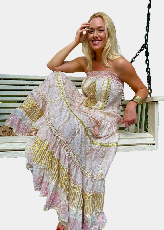 Athena Detailed Bandeau Flowy Boho Maxi Dress - Dusty Rose Elegant Pleated Maxi Dress Athena Detailed Bandeau Flowy Boho Maxi Dress - Dusty Rose Elegant Pleated Maxi Dress