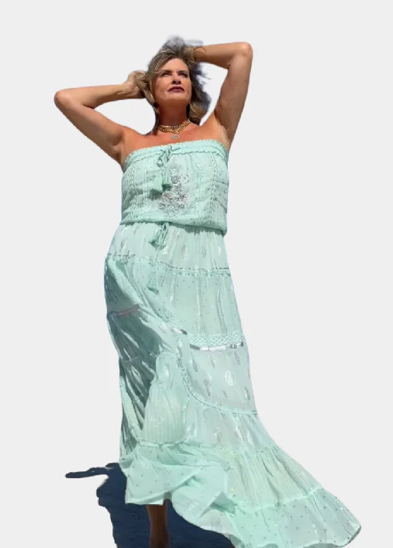 Athena Detailed Bandeau Flowy Boho Maxi Dress - Seafoam Trendy Off-Shoulder Ruffle Maxi Dress