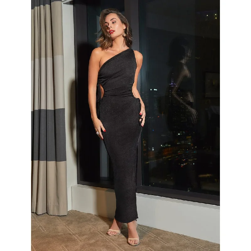 BAILEY Black One Shoulder Side Cut Out Maxi Dress Fashionable Off-Shoulder Maxi Dress
