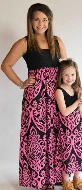 Black and Hot Pink Damask Tank Maxi Dress Chic Button-Up Maxi Dress
