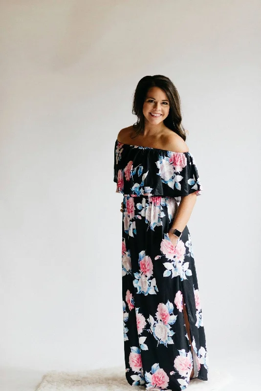 Black Floral Off Shoulder Maxi Dress Stylish Empire Waist Maxi Dress
