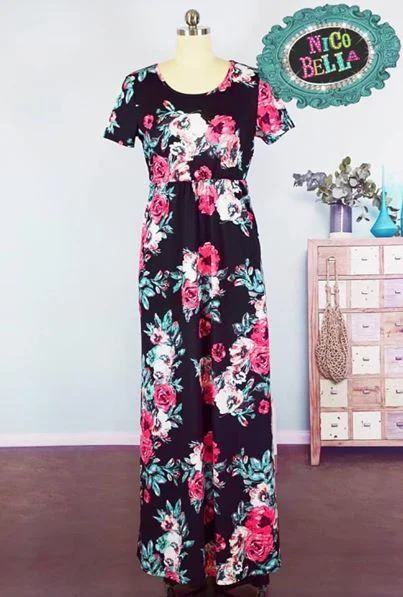 Black Floral Short Sleeve Maxi Dress Cozy Knitted Maxi Dress
