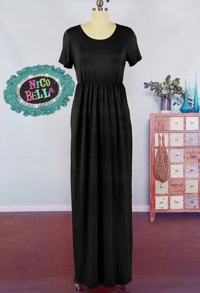 Black Solid Short Sleeve Maxi Dress Trendy Fit-and-Flare Maxi Dress