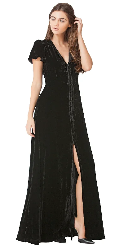 Flutter Sleeve Silk Velvet Maxi Dress Trendy Button Front Maxi Dress