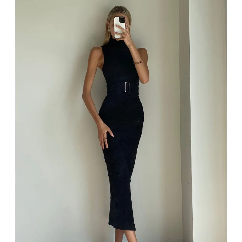 CLEO Black Bodycon High Neck Maxi Dress Stylish Long Sleeve Maxi Dress