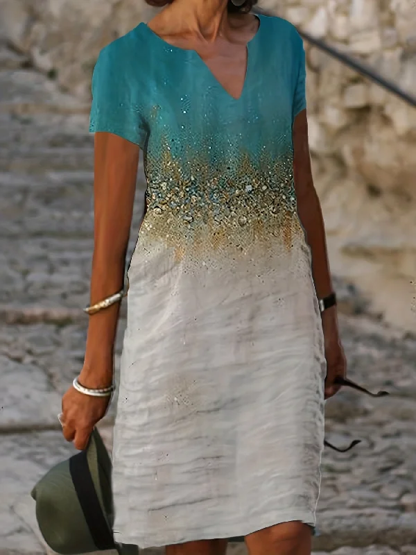 Dots Print V Neck Short Sleeve Vintage Loose Stylish Maxi Dress Trendy Maxi Dress with Belt