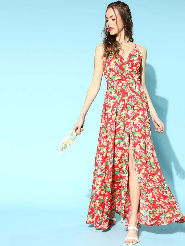 Berrylush Women Coral & Green Floral Printed V-Neck Thigh-High Slit Crepe Flared Maxi Dress Comfortable Bohemian Maxi Dress Berrylush Women Coral & Green Floral Printed V-Neck Thigh-High Slit Crepe Flared Maxi Dress Comfortable Bohemian Maxi Dress