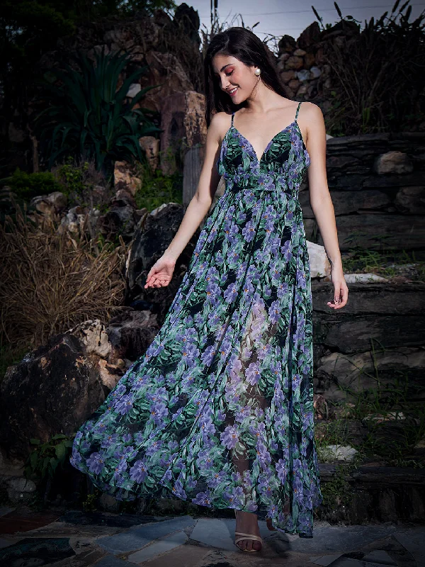 Berrylush Women Black & Purple Tropical Printed V-Neck Sleeveless Zipper-Up Woven Fit & Flare Maxi Dress Trendy Floral Print Maxi Dress