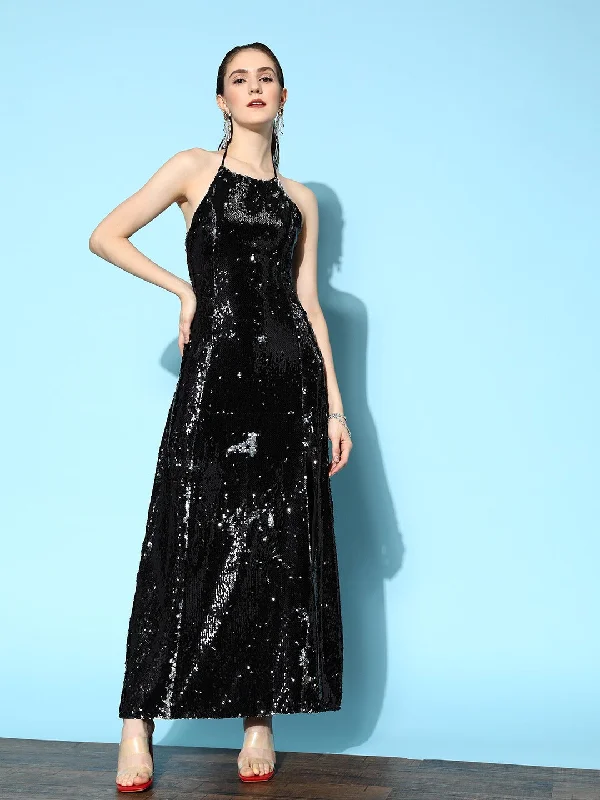 Berrylush Women Solid Black Halter Neck Thigh-High Slit Straight Hem Sequined Bodycon Maxi Dress Trendy Maxi Dress with Bow
