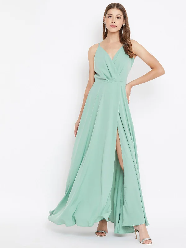 Berrylush Women Solid Green V-Neck Thigh-High Slit Flared Maxi Dress Stylish Maxi Dress with Frills Berrylush Women Solid Green V-Neck Thigh-High Slit Flared Maxi Dress Stylish Maxi Dress with Frills