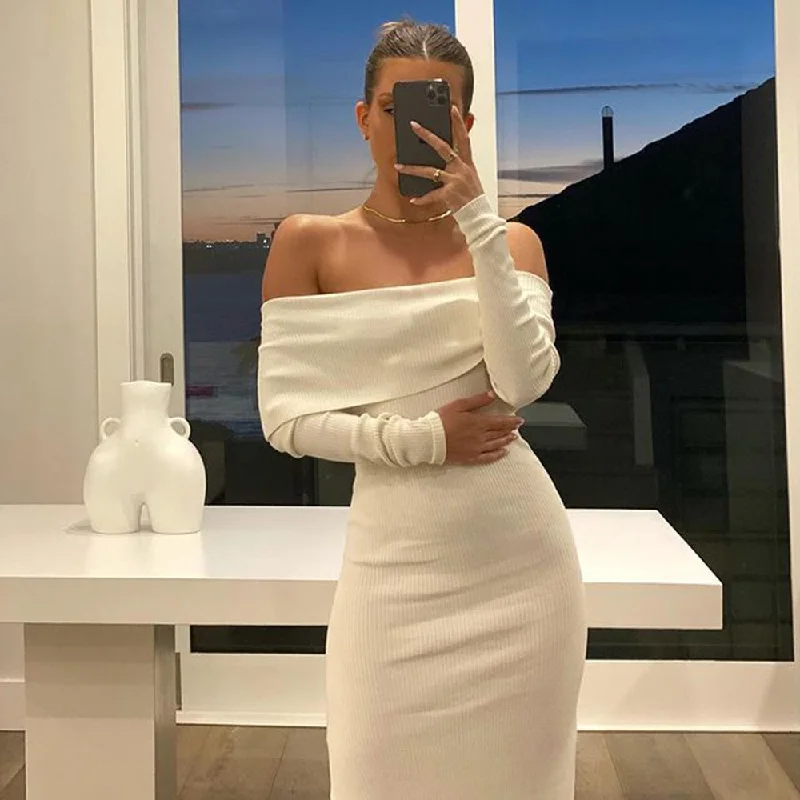 Elegant White Knitted Off Shoulder Maxi Dress Outfits For Women Autumn Backless Long Sleeve Solid Dresses Vestidos 0719 Trendy Floral Print Maxi Dress