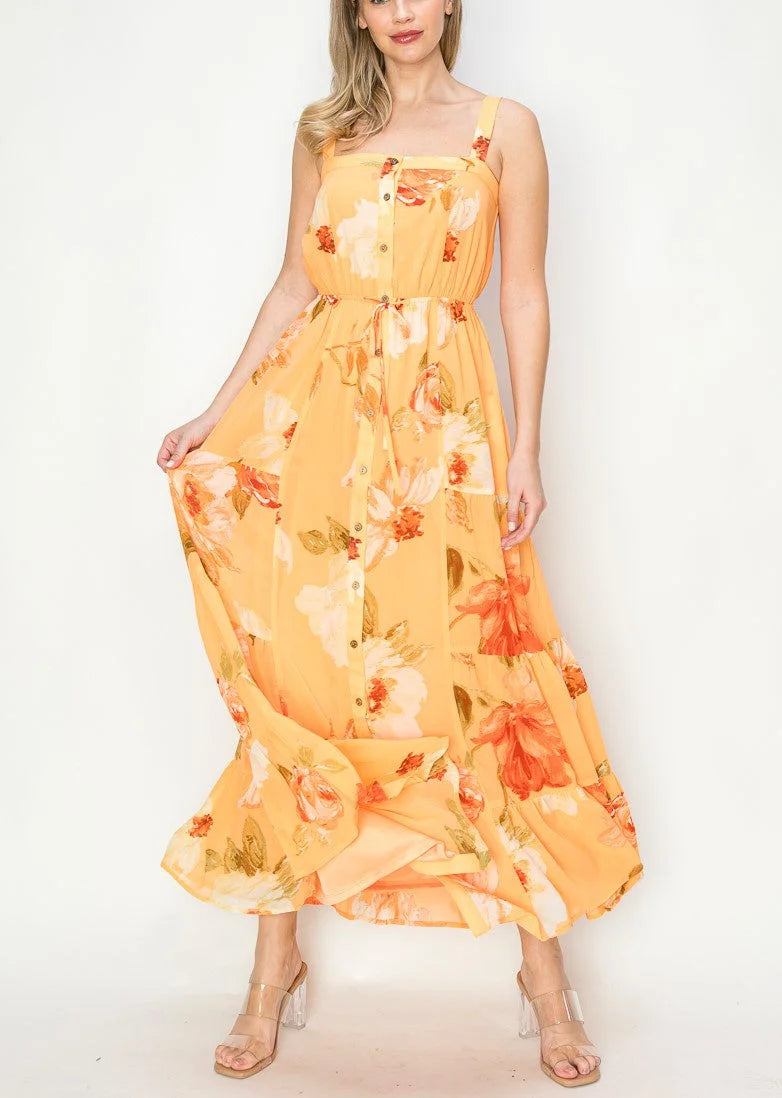 FLORAL PRINT BUTTON DOWN MAXI DRESS Trendy Fit-and-Flare Maxi Dress