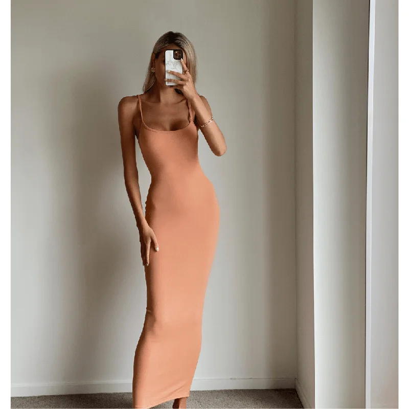 HAZEL Light Terracotta Bodycon Sleeveless Knit Maxi Dress Elegant Pleated Maxi Dress