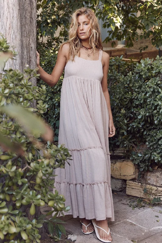 In February Stretch Strap Cami Maxi Dress, Latte Comfortable Fitted Maxi Dress