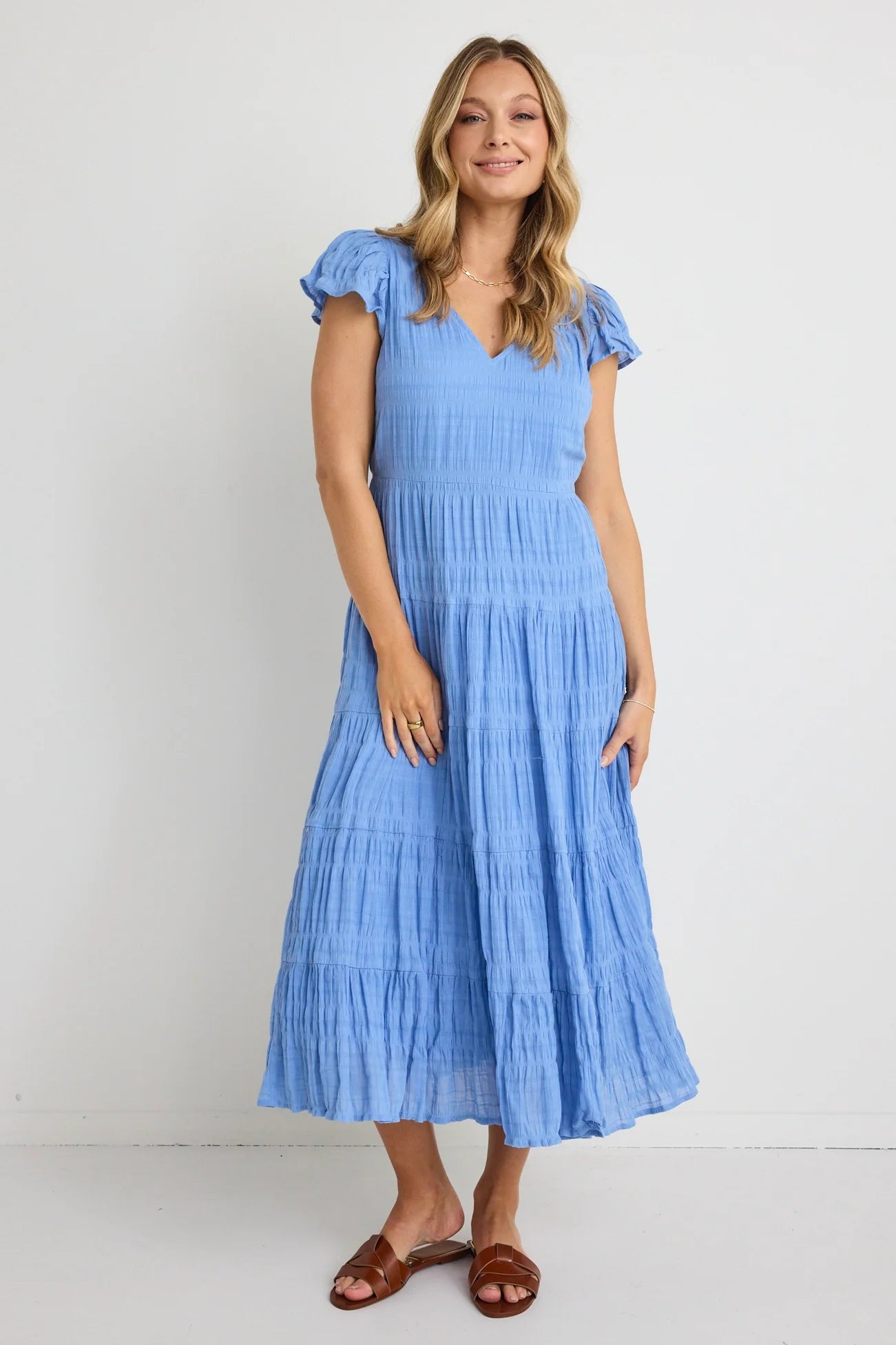 IVY + JACK - Marley Shirred Cotton Sleeveless V-Neck Tiered Maxi Dress - French Blue Stylish Empire Waist Maxi Dress IVY + JACK - Marley Shirred Cotton Sleeveless V-Neck Tiered Maxi Dress - French Blue Stylish Empire Waist Maxi Dress