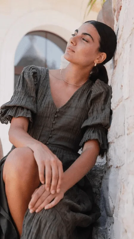 IVY + JACK - The Dreamy Tiered Maxi Dress - Khaki Comfortable Plunging Neckline Maxi Dress