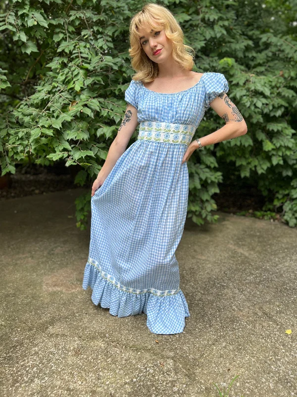 Ladies 70s Blue White Gingham Maxi Dress, Yoked Waist, Lillie Ruben Cozy Knit Maxi Dress