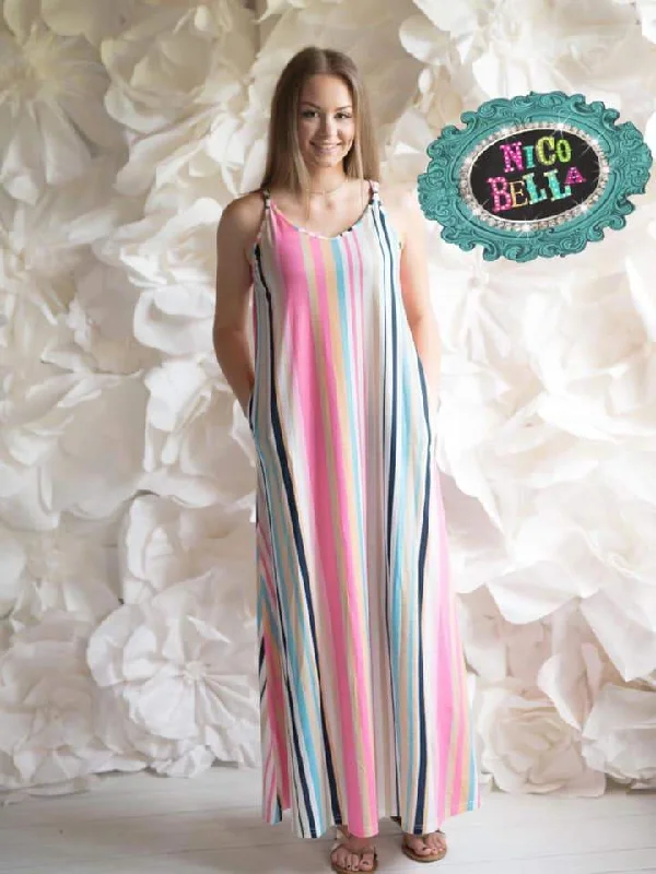 Lake Home Spaghetti Strap Striped Maxi Dress Fashionable High-Low Maxi Dress