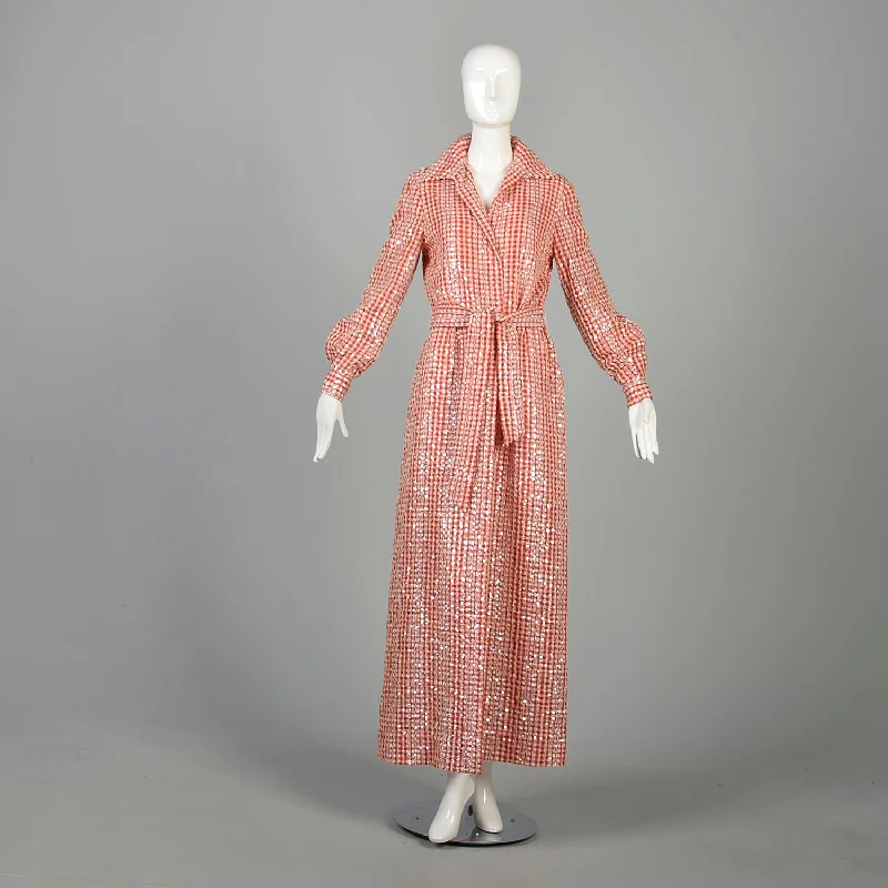 Large 1970s Long Sleeve Maxi Dress Red Gingham Sequin Picnic Country Glamour Tablecloth Comfortable T-Shirt Maxi Dress