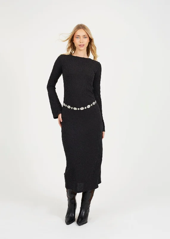 LONG SLEEVE CREW NECK MAXI DRESS WITH ALL OVER RIB, BLACK Trendy Maxi Dress with Lace