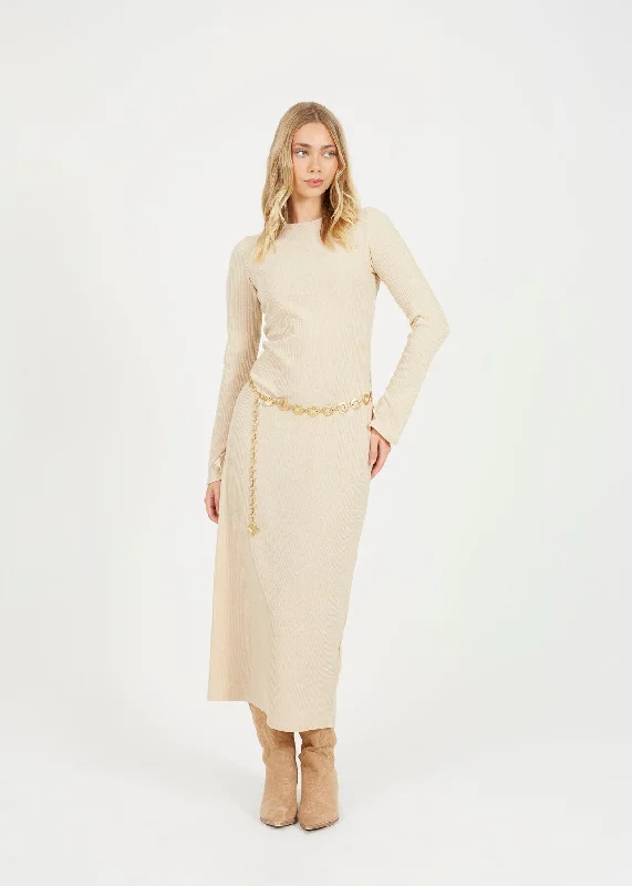 LONG SLEEVE CREW NECK MAXI DRESS WITH ALL OVER RIB, BLACK Elegant Maxi Dress with Belt