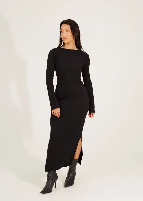 LONG SLEEVE RIBBED MAXI DRESS WITH SLIT DETAIL Elegant Floral Maxi Dress