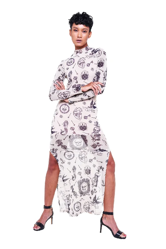 MALY MAXI DRESS - TATTOO PRINT Trendy Short Sleeve Maxi Dress