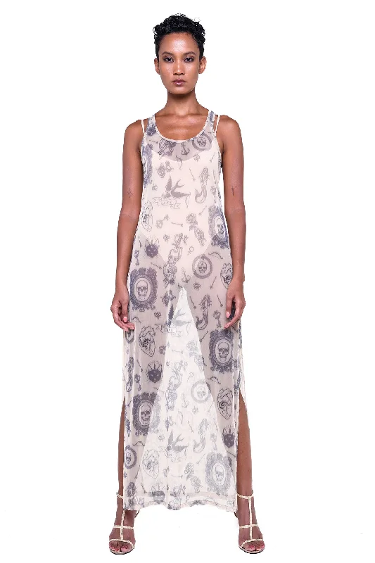 MARYANN RACERBACK MAXI DRESS - NUDE TATTOO PRINT Comfortable Maxi Dress with Slits