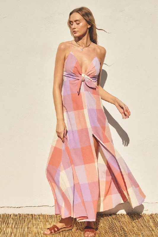 MG Pastel Checkered Knot Front Maxi Dress Elegant Lace-Up Maxi Dress