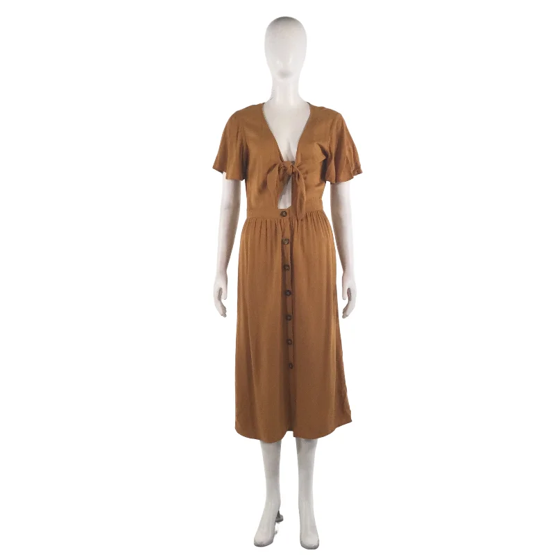 MIMI CHICA MUSTARD BUTTON-DOWN MAXI DRESS-M Cozy Ruffle Sleeve Maxi Dress