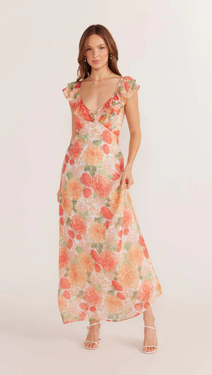 MINK PINK - Aida Frill Maxi Dress - Apricot Floral Trendy A-Line Maxi Dress
