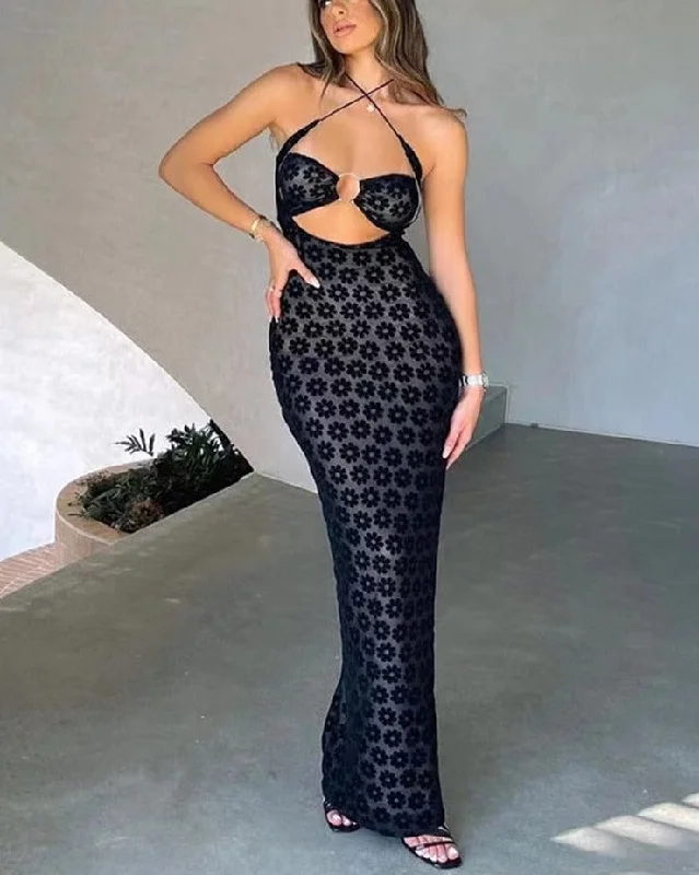 Dresses Women Maxi Dress Solid Color Hanging Neck Sexy Hollow Perspective Bag Hips Robe Female Trendy Clothing Fashionable Maxi Dress with Fringe