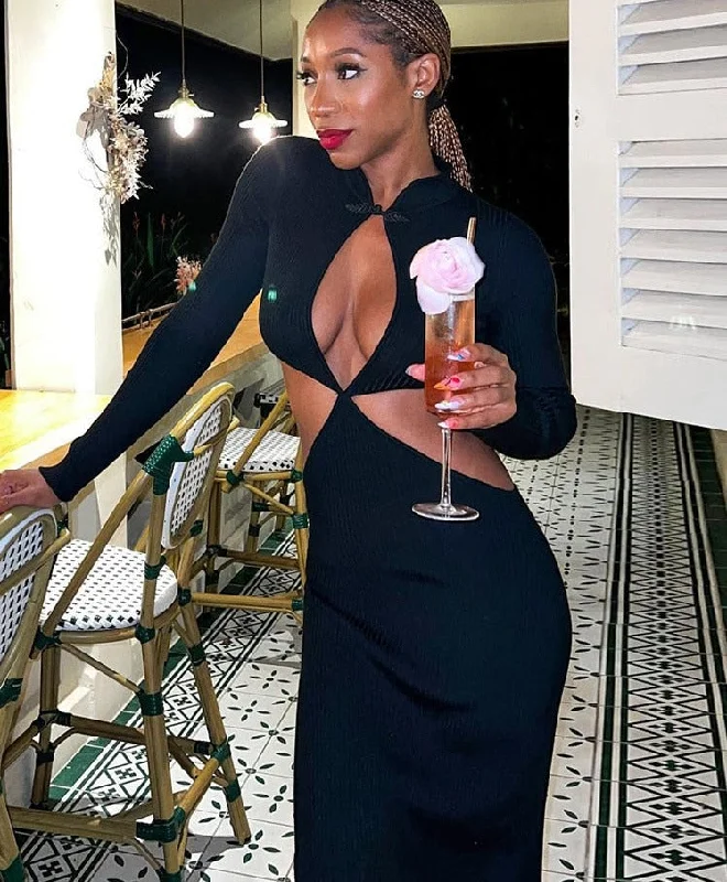 Sexy Maxi Dress Hollow Cleavage Women Fashion O-neck Dresses Slim Ruched Robe Package Hip Female Vestido Party Clubwear Stylish Off-Shoulder Maxi Dress