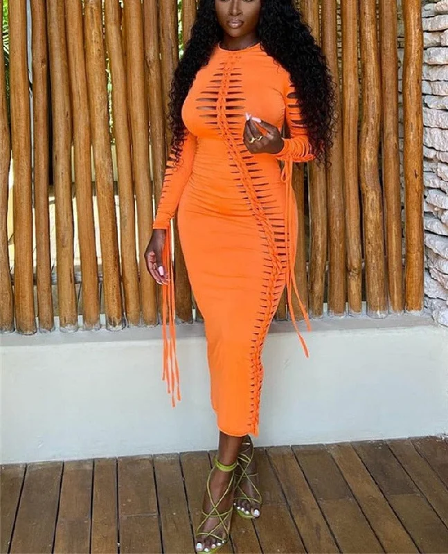 Solid Color Maxi Dress Summer Clother For Women O-neck Hollow-out See-through Long-sleveed Dresses Streerwear Party Elegant Lace-Up Maxi Dress Solid Color Maxi Dress Summer Clother For Women O-neck Hollow-out See-through Long-sleveed Dresses Streerwear Party Elegant Lace-Up Maxi Dress