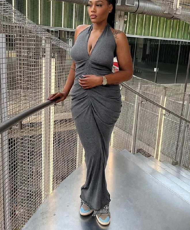 Summer Hot Fashion Deep V-neck halterneck Backless Sexy Maxi Dress Solid Color Pleated Temperament Slim Dresses Comfortable Cotton Maxi Dress