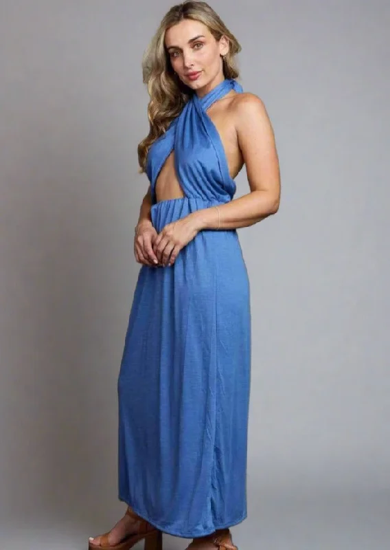Ninexis Know Your Worth Criss Cross Halter Neck Maxi Dress Elegant Maxi Dress with Ruffles