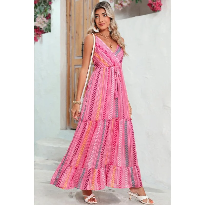 Pink Tribal Tassel Tie V Neck Surplice Maxi Dress Cozy Longline Maxi Dress