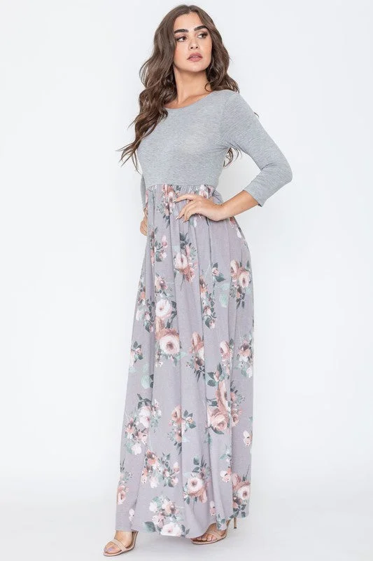 Quarter Sleeve Floral Maxi Dress Trendy Button Front Maxi Dress