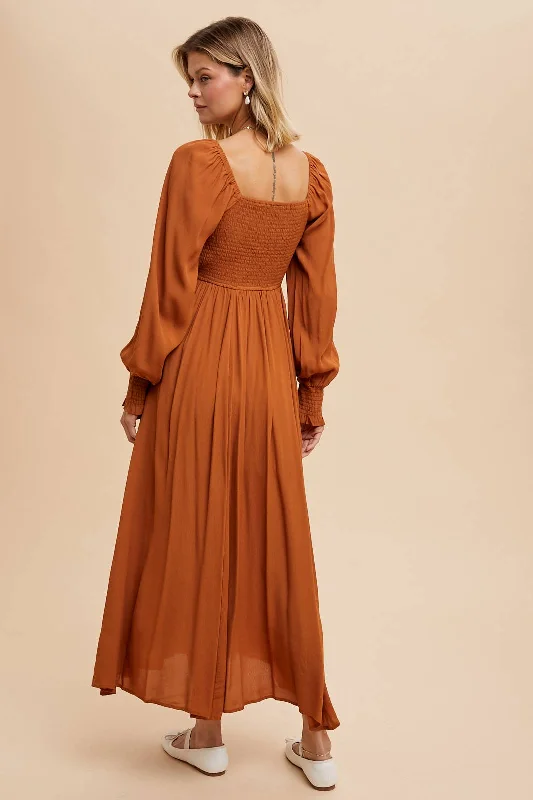 Rust Orange Ruched Bodice Square Neck Maxi Dress Chic Off-Shoulder Maxi Dress