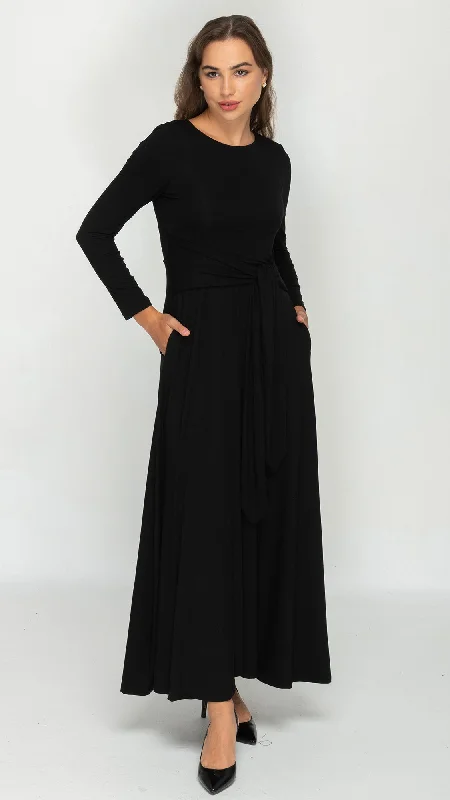 Side Tie Maxi Dress - Black Stylish Long Sleeve Maxi Dress