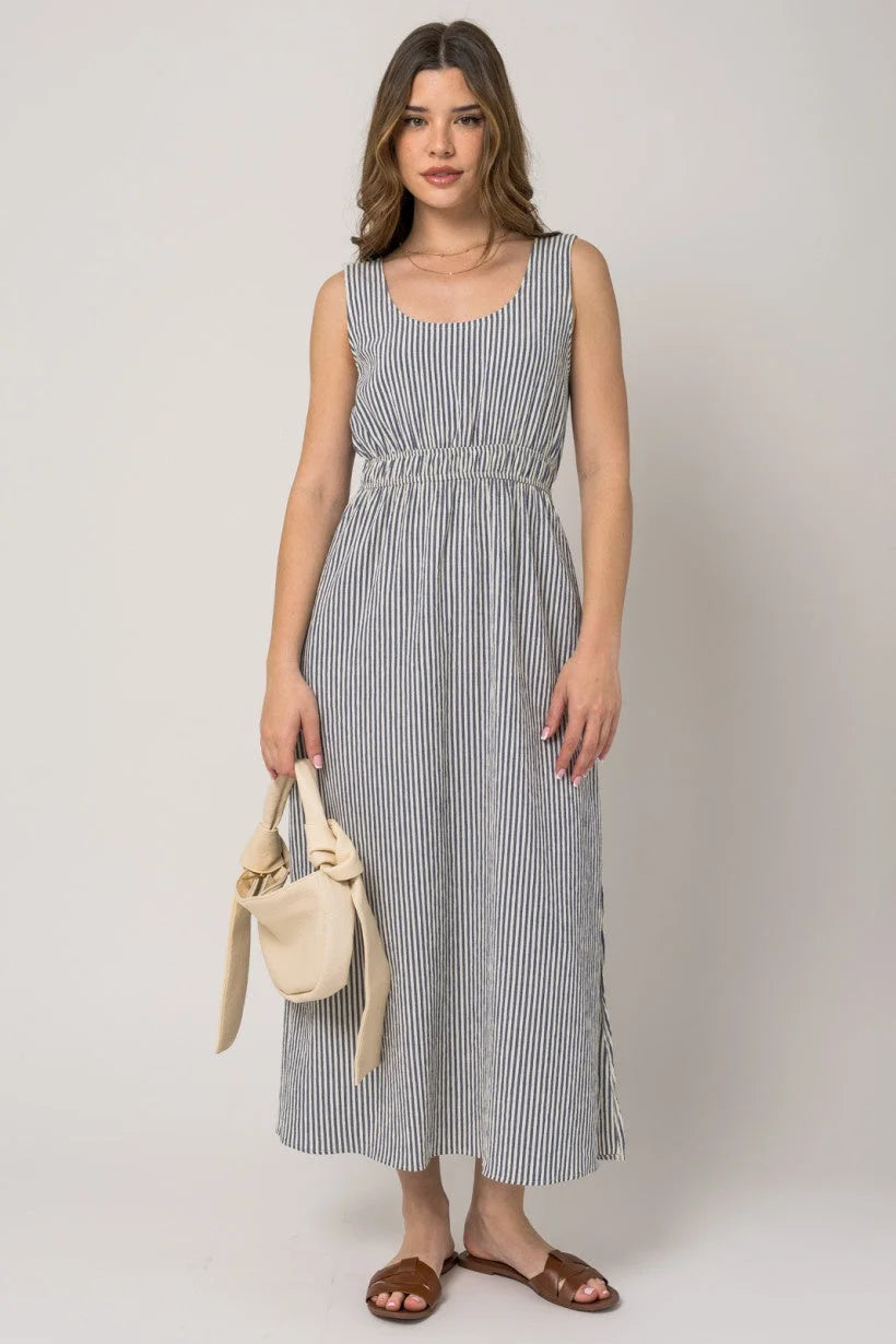 SLEEVELESS STRIPE SIDE SLIT MAXI DRESS Cozy Open-Back Maxi Dress