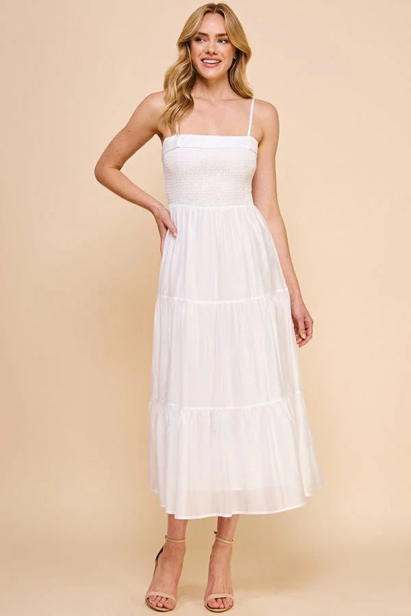 SOFT TIERED MAXI DRESS WITH SMOCKED BODICE Comfortable Maxi Dress with Belt